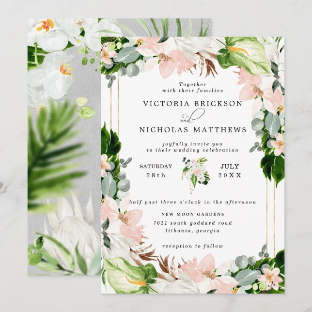 Tropical Blush Pink White Floral Greenery Wedding Invitation (Front/Back)