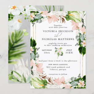 Tropical Blush Pink White Floral Greenery Wedding Invitation