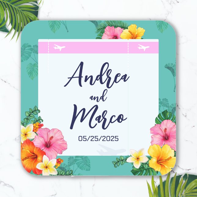 Tropical Boarding Pass Destination Wedding Square Sticker (Boarding Pass Destination Wedding Sticker)