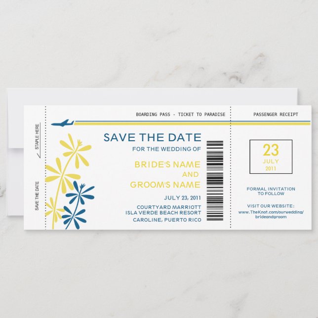 Tropical Boarding Pass Save the Date Invitations (Front)