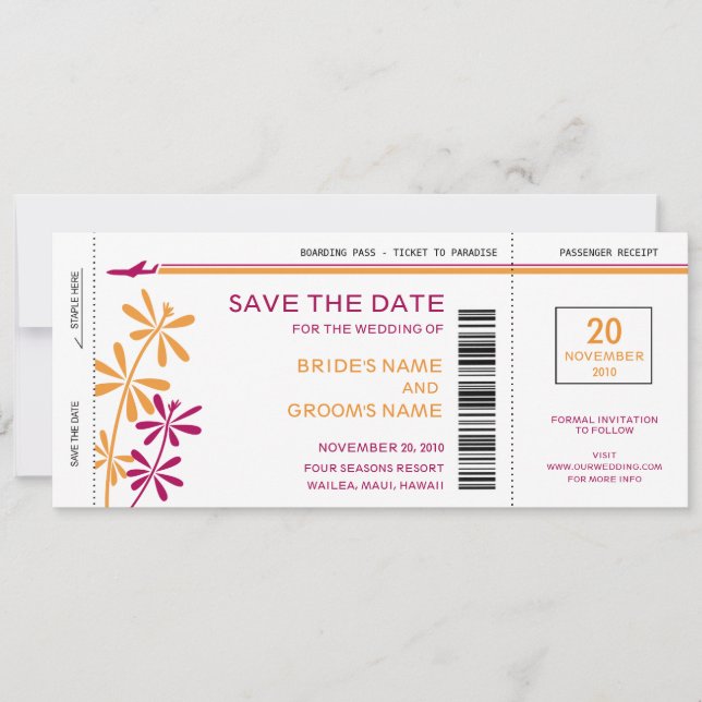 Tropical Boarding Pass Save the Date Invitations (Front)