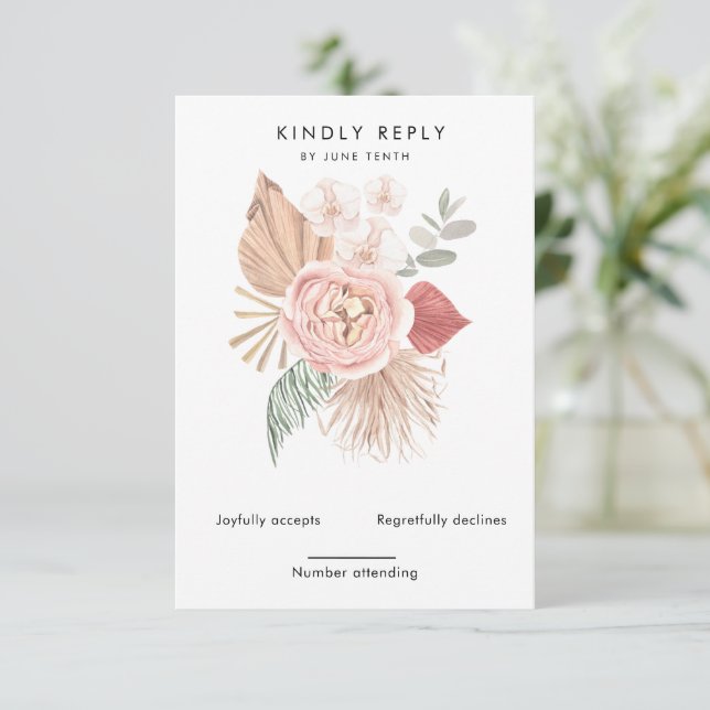 tropical bohemian blush Vertical RSVP Card (Standing Front)