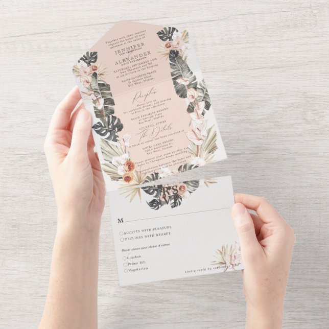 Tropical Bohemian Floral Pale Blush Wedding All In One Invitation (Tearaway)