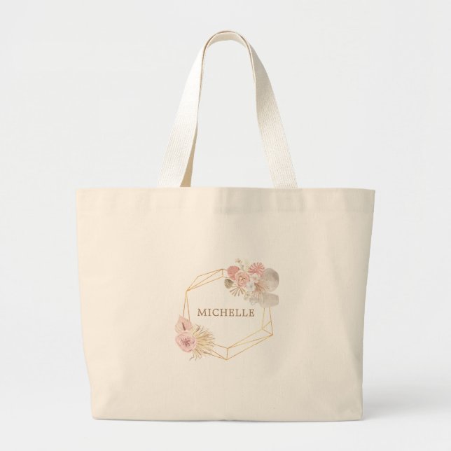 Tropical bohemian foliage pastel monogram large tote bag (Front)