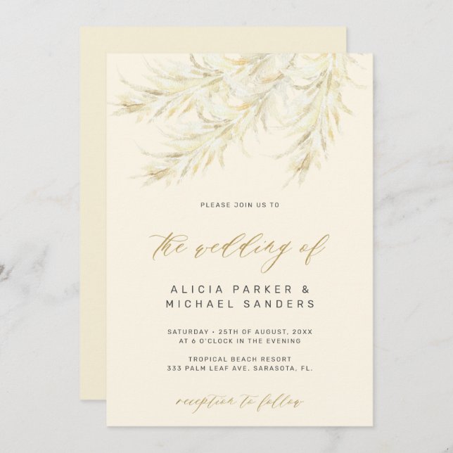 Tropical bohemian gold pampas grass wedding invitation (Front/Back)
