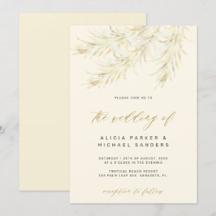 Tropical bohemian gold pampas grass wedding invitation