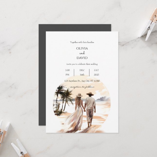 Tropical Bohemian Sunset Beach Couple Wedding  Invitation (Front/Back In Situ)