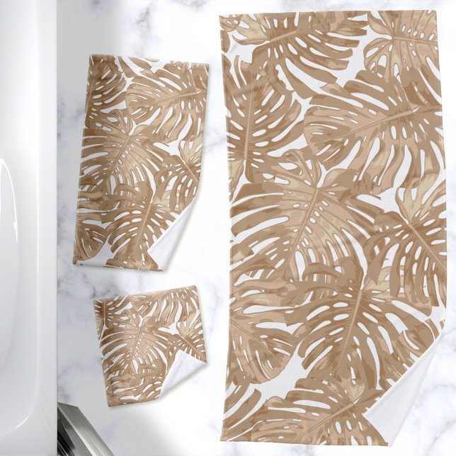 Tropical Boho Brown Jungle Leaves Bath Towel Set (Bath towel set with a print of light brown palm leaves on a white background)