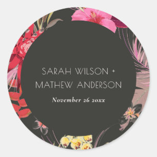 Tropical Boho Dark Lively Red Blush Floral Wedding Classic Round Sticker