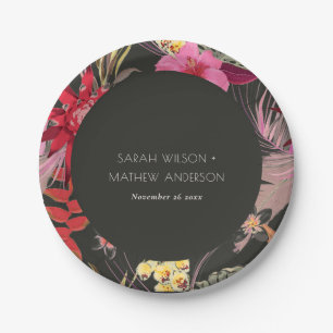 Tropical Boho Dark Lively Red Blush Floral Wedding Paper Plate