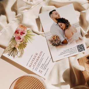 Tropical Boho Dried Flower Photo QR code Wedding Invitation