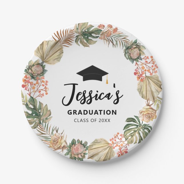 Tropical Boho dried palm leaves Wreath Graduation Paper Plate (Front)