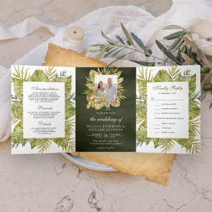 Tropical Boho Dried Palm Olive Green Photo Wedding Tri-Fold Invitation