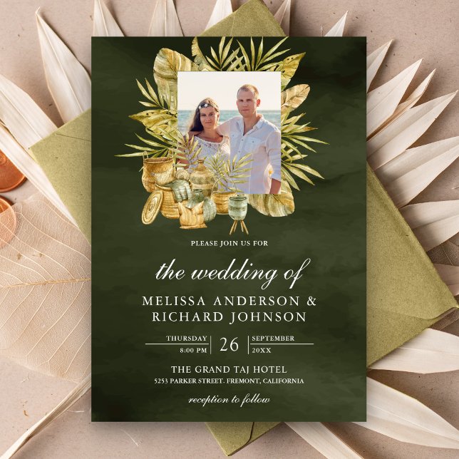 Tropical Boho Dried Palm Sage Green Photo Wedding Invitation (Creator Uploaded)