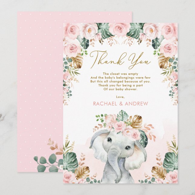 Tropical Boho Elephant Blush Floral Baby Shower Thank You Card (Front/Back)