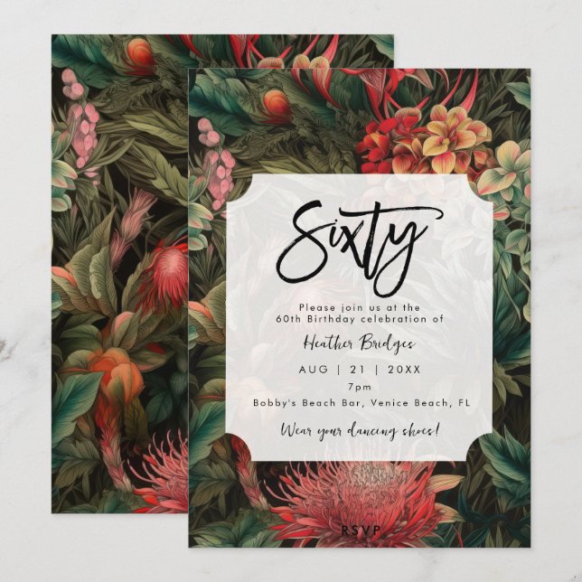 Tropical boho floral 60th birthday party invitation (Front/Back)