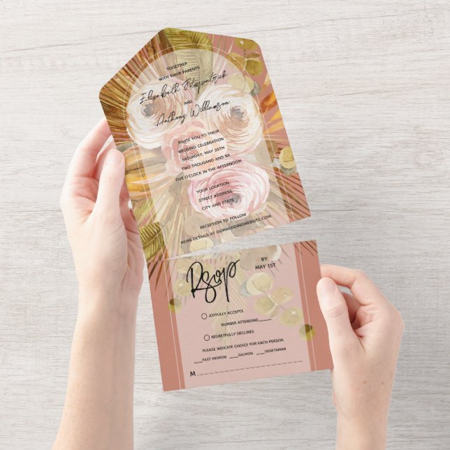 Tropical Boho Floral Arch Terracotta Wedding All In One Invitation (Tearaway)