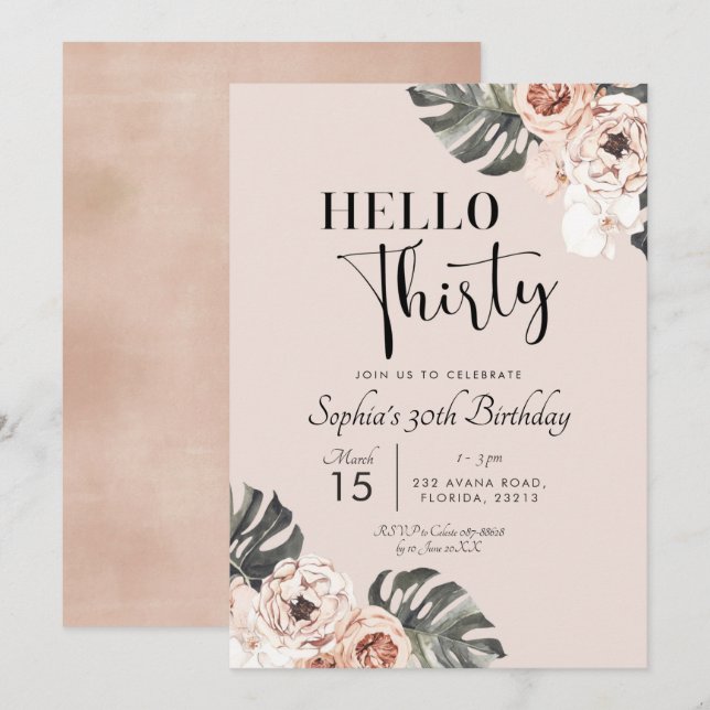Tropical Boho Floral Hello Thirty Birthday Invitation (Front/Back)