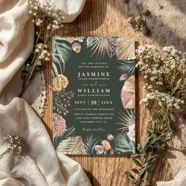 Tropical Boho Floral Rustic QR Code Wedding Invitation (Creator Uploaded)