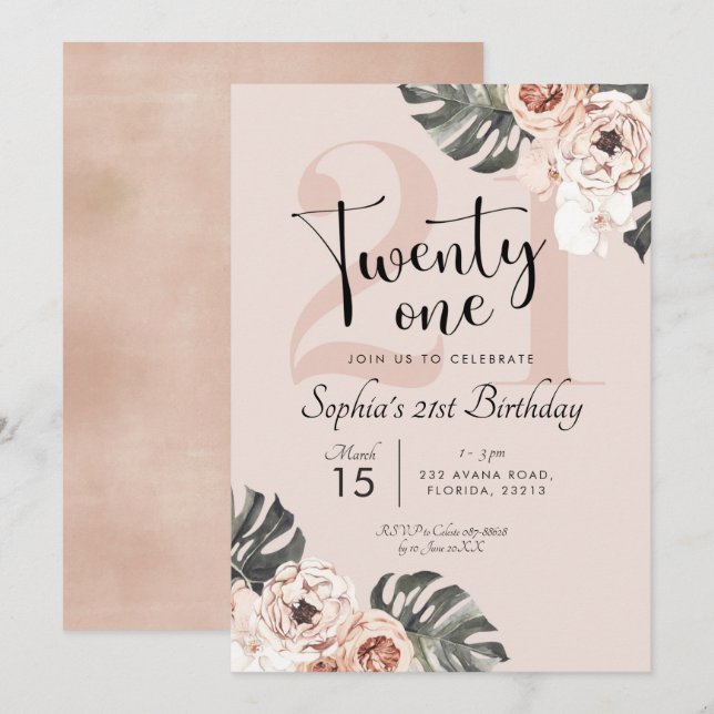 Tropical Boho Floral Twenty One Birthday Invitation (Front/Back)