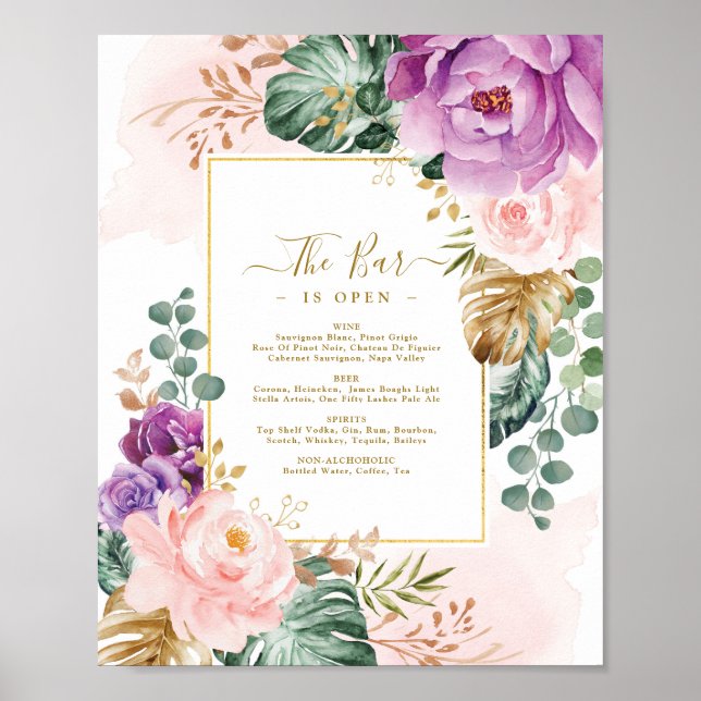 Tropical Boho Floral Wedding Bar Signature Drinks Poster (Front)