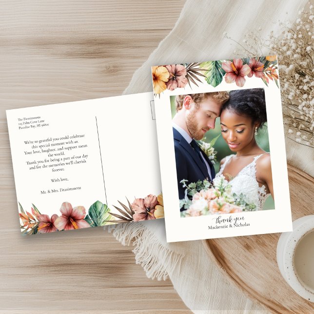 Tropical Boho Floral Wedding Thank You Postcard (tropical wedding thank you postcard)
