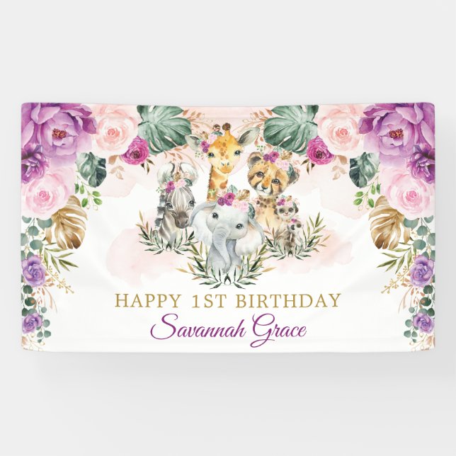Tropical Boho Jungle Safari Animals Happy Birthday Banner (Horizontal)