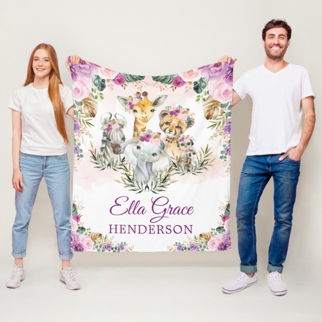 Tropical Boho Jungle Safari Wild Animals Baby Girl Fleece Blanket (In Situ)