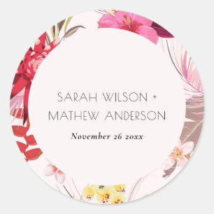 Tropical Boho  Lively Red Blush Floral Wedding  Classic Round Sticker