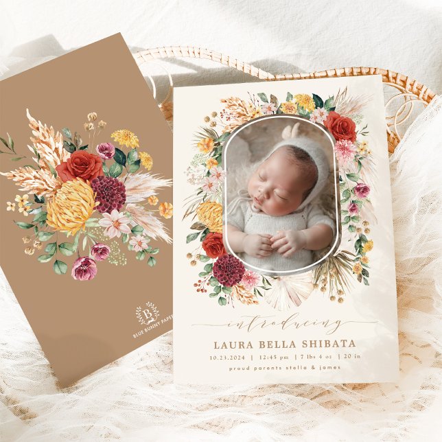 Tropical Boho Pampas Flower Birth Announcement (Creator Uploaded)