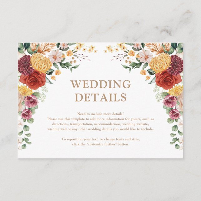Tropical Boho Pampas Flower Garden Wedding Details Enclosure Card (Front)
