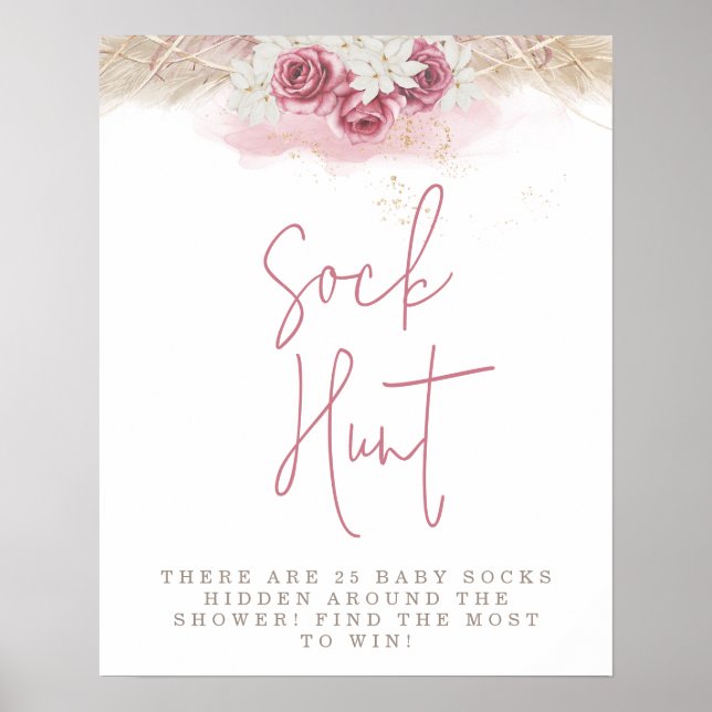 Tropical Boho Pink Roses Baby Shower Sock Hunt Poster (Front)