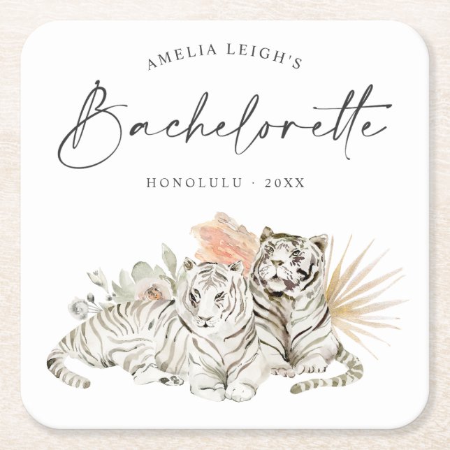 Tropical Boho Tigers Bachelorette Square Paper Coaster (Front)