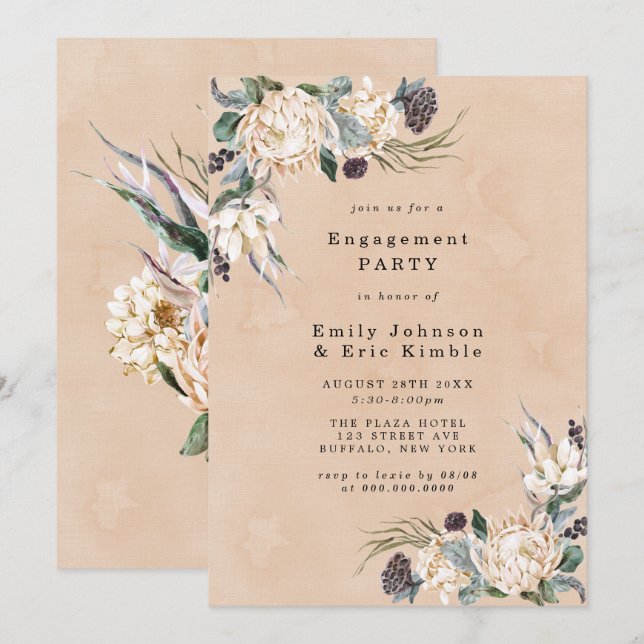Tropical Boho White Protea Engagement Party Invita Invitation (Front/Back)