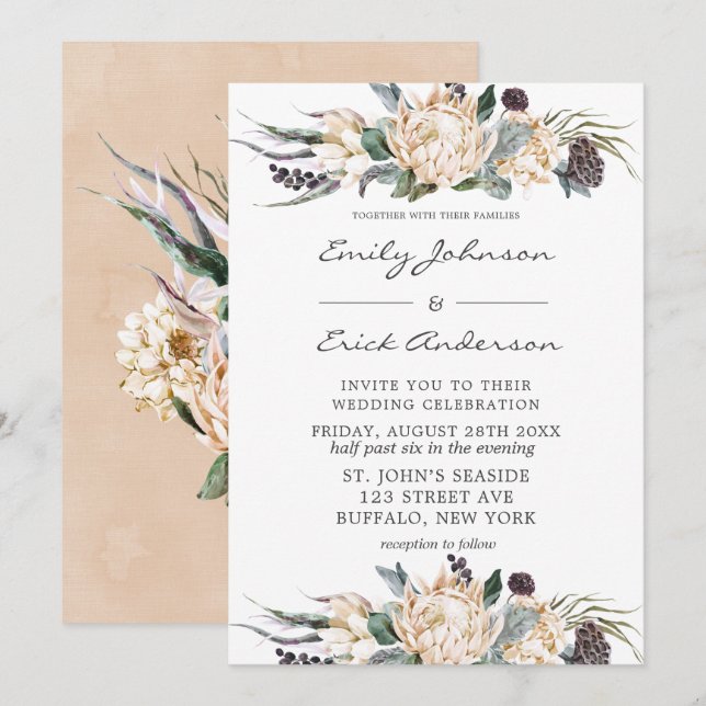 Tropical Boho White Protea Floral Wedding Invitati Invitation (Front/Back)