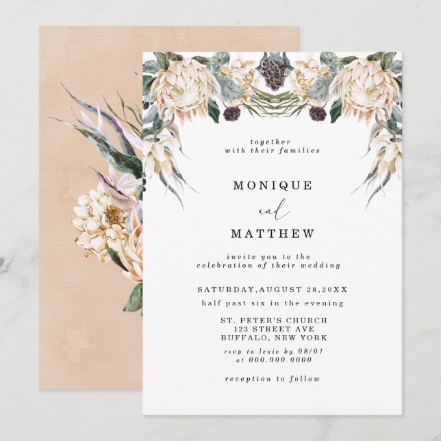 Tropical Boho White Protea Floral Wedding Invitation (Front/Back)