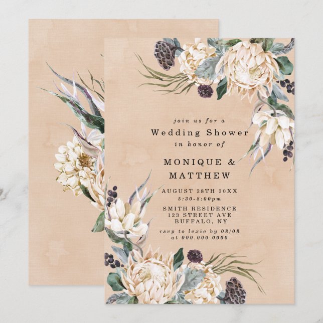 Tropical Boho White Protea Wedding Shower Invites (Front/Back)