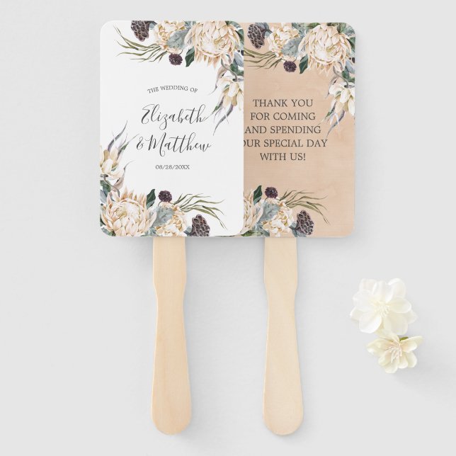 Tropical Boho White Protea Wedding Thank You Hand Fan (Front and Back)