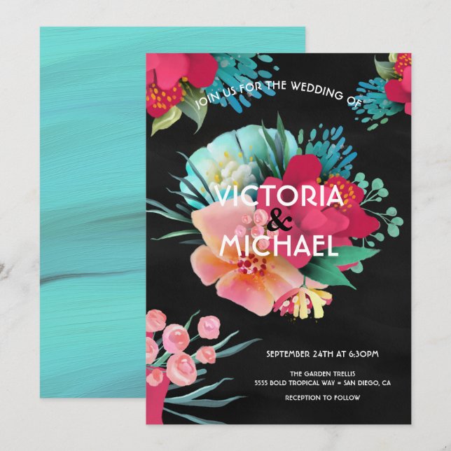 Tropical bold & bright floral wedding invitation (Front/Back)