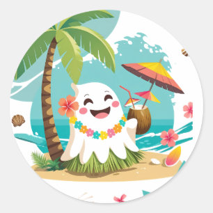 Tropical Boo – Kawaii Hawaiian Ghost Vacation Classic Round Sticker