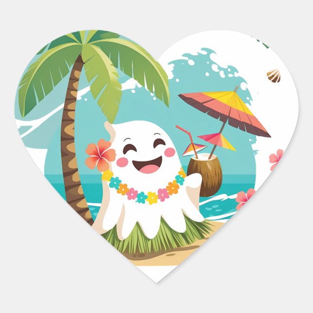 Tropical Boo – Kawaii Hawaiian Ghost Vacation Heart Sticker (Front)