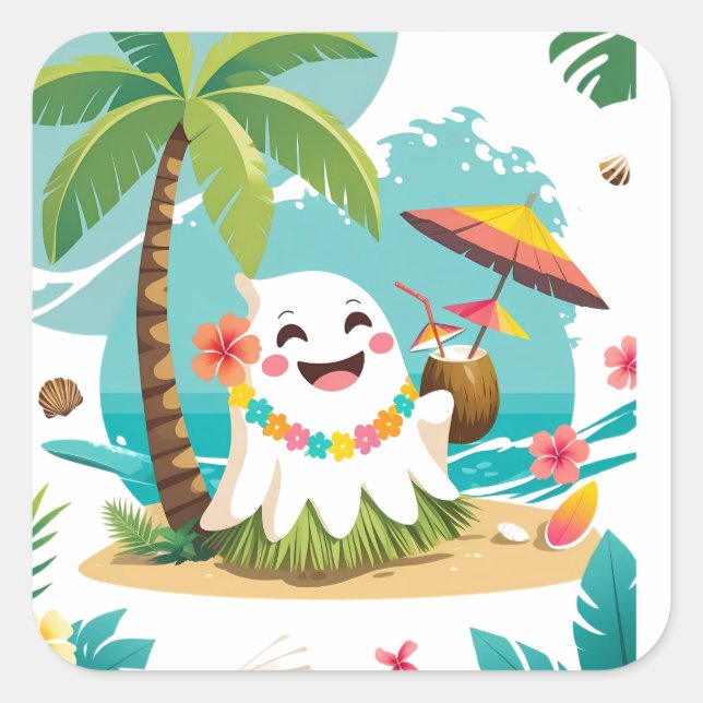Tropical Boo – Kawaii Hawaiian Ghost Vacation Square Sticker (Front)