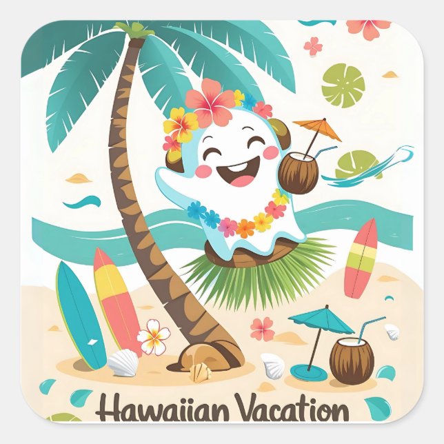 Tropical Boo – Kawaii Hawaiian Ghost Vacation Square Sticker (Front)