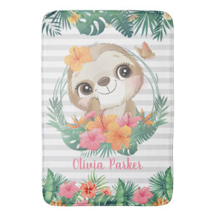 Tropical Borders Hibiscus Flowers Sloth Custom Bath Mat