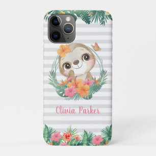 Tropical Borders Hibiscus Flowers Sloth Custom iPhone 11 Pro Case
