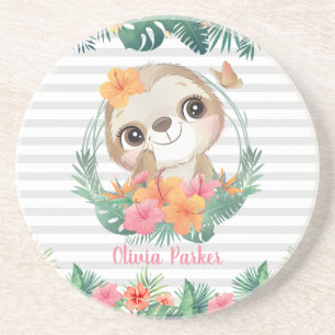 Tropical Borders Hibiscus Flowers Sloth Custom Coaster