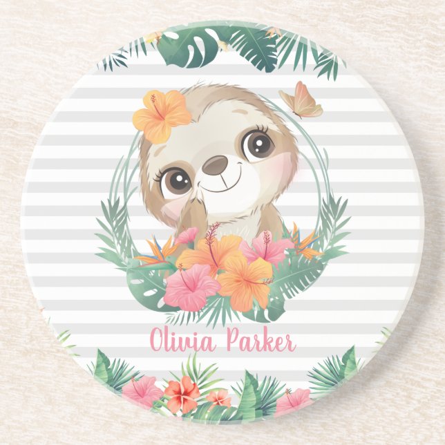 Tropical Borders Hibiscus Flowers Sloth Custom Coaster (Front)