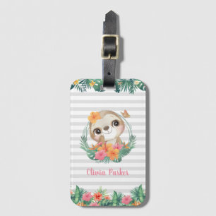 Tropical Borders Hibiscus Flowers Sloth Custom Luggage Tag