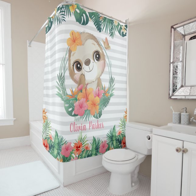 Tropical Borders Hibiscus Flowers Sloth Custom Shower Curtain (In Situ)