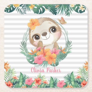 Tropical Borders Hibiscus Flowers Sloth Custom Square Paper Coaster